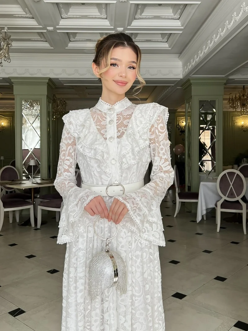 Elegante Haken Blume Hohle Spitze Splice Kleid Herbst Kleidung Frauen Einreiher Maxi Lange Kleider Abend Party Kleid Vestidos