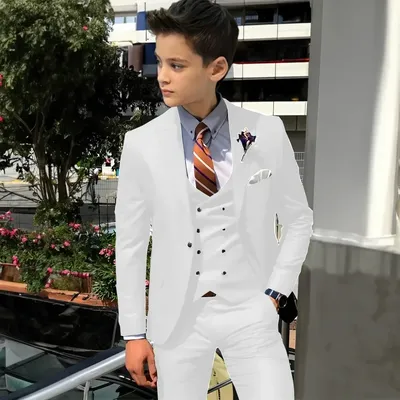 Anzug für Jungen, Hochzeits-Smoking, 3-teilig, weiße Jacke, Weste, Hose, Weste, Kinder-Blazer-Set, schmale Passform, maßgeschneidertes Outfit Image