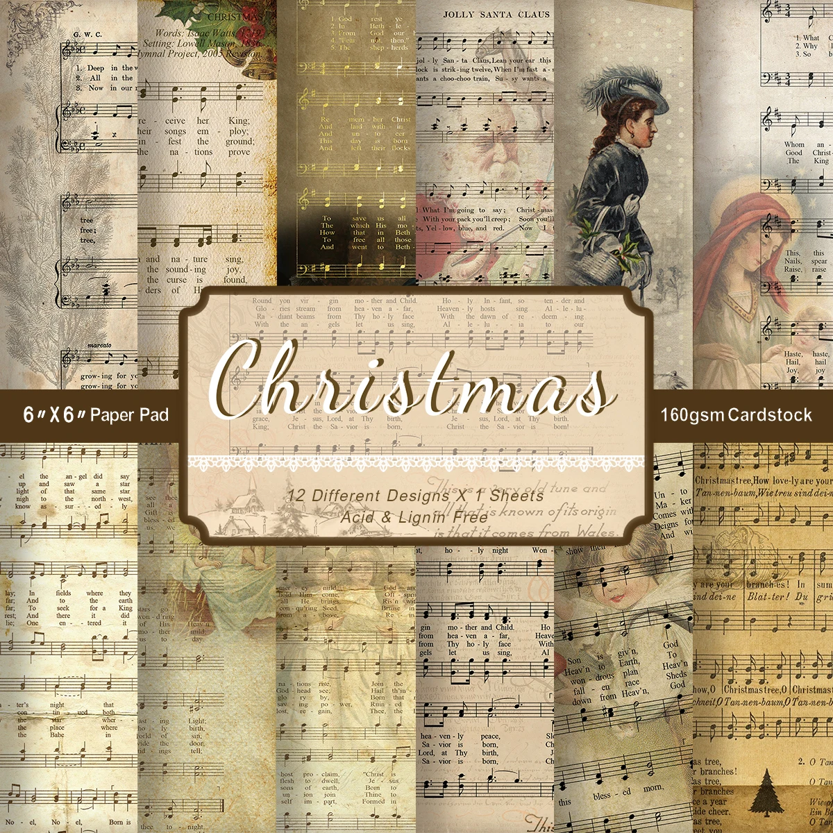 12 Stück Retro Weihnachten Old Music Sheet Scrapbook Papier, dekoratives Bastelpapier für Journal Hintergrund Grußkarte Weihnachtsdekoration Image