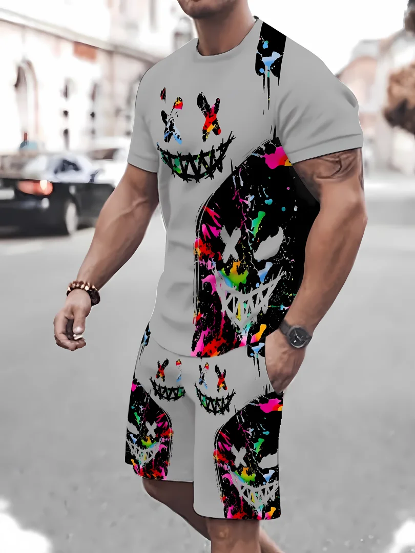 Neues modisches T-Shirt für Herren, Rundhals-Hip-Hop-Druck, atmungsaktiv, schnell trocknend, Kurzarm- und Shorts-Set Image