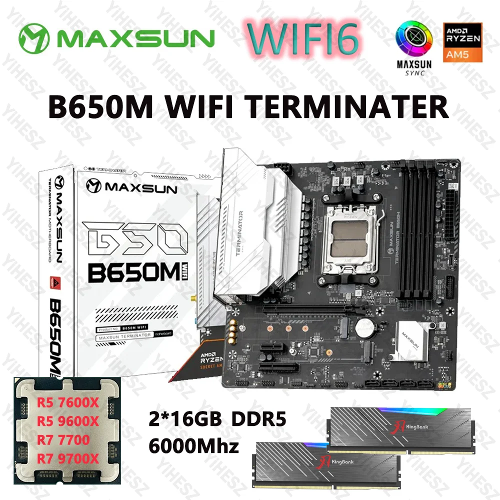 MAXSUN B650M Terminator Motherboard Set AMD AM5 Ryzen 7000/9000series Mit 2*16GB 6000Mhz DDR5 Ram Unterstützung Bluetooth 5,2 SATA3.0 Image