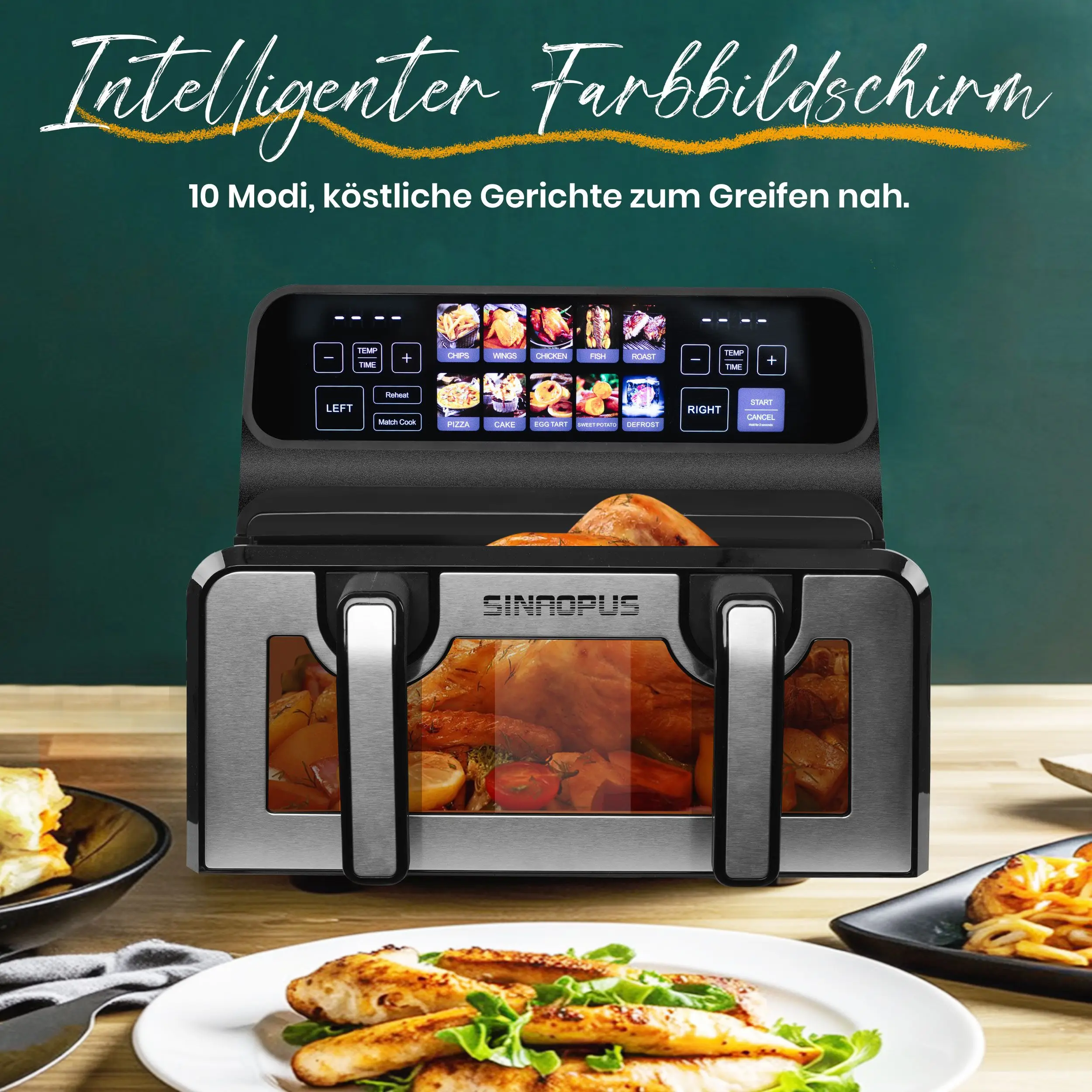 Sinaopus Heißluftfritteuse 2200W Doppelkorb 9 L XXL Multifunktionale Heißluftfritteuse Automatische Programme mit LED-Touchscreen und Timer Image
