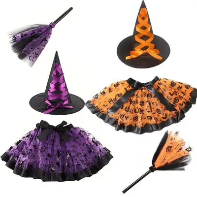 3-teiliges Kleinkind-Mädchen-Hexen-Tutu-Rock-Set mit Hut, Besenstiel, verkleiden Kinder, Kürbis-Aufdruck, Halloween-Geburtstags-Outfits, 3–8 Jahre Image