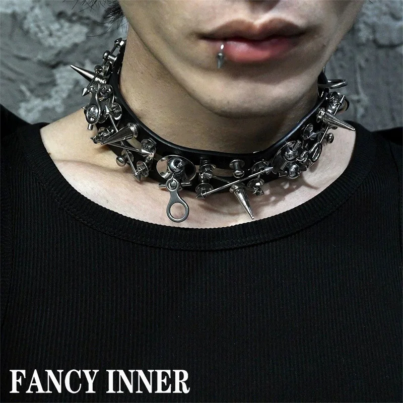 Collier Punk en cuir et métal, Rivets, Hip Hop Rock Cool, unisexe, ras du cou, accessoires pour femmes et hommes, bijoux, nouvelle collection 2025