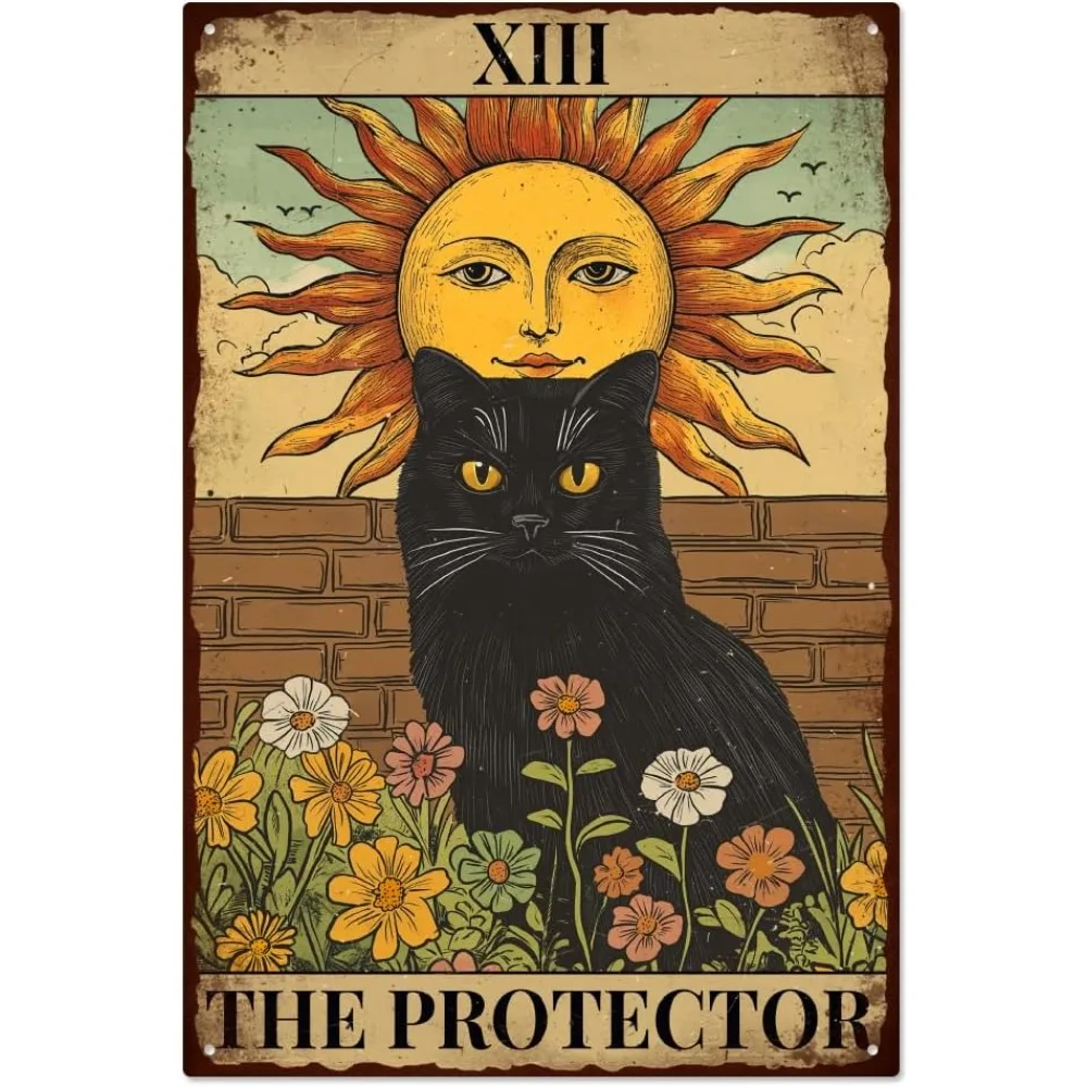 WADORN Tarot-Katze-Metallblechschild – lustige Retro-Wandkunst „The Protector“, Cafés, Kneipen, Zuhause, Wohnzimmer, Badezimmer, Dekor, Plakette Image
