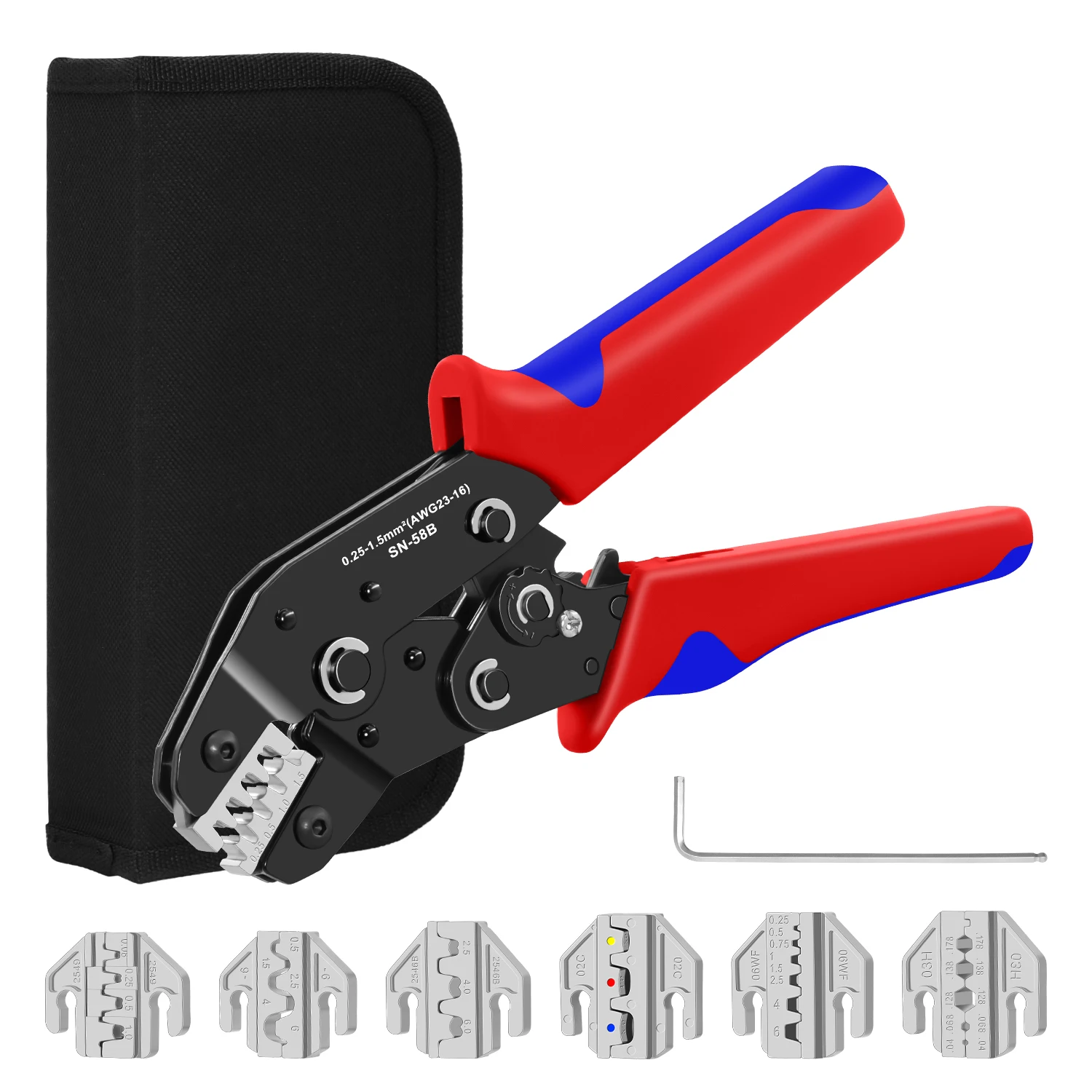 SN-58B 6-Backen-Crimpwerkzeug-Set für Dupont JST MOLEX-Anschlüsse, nicht/vorisolierte Aderendhülsen, Stoßverbinder, Solar- und Koaxialverbinder Image