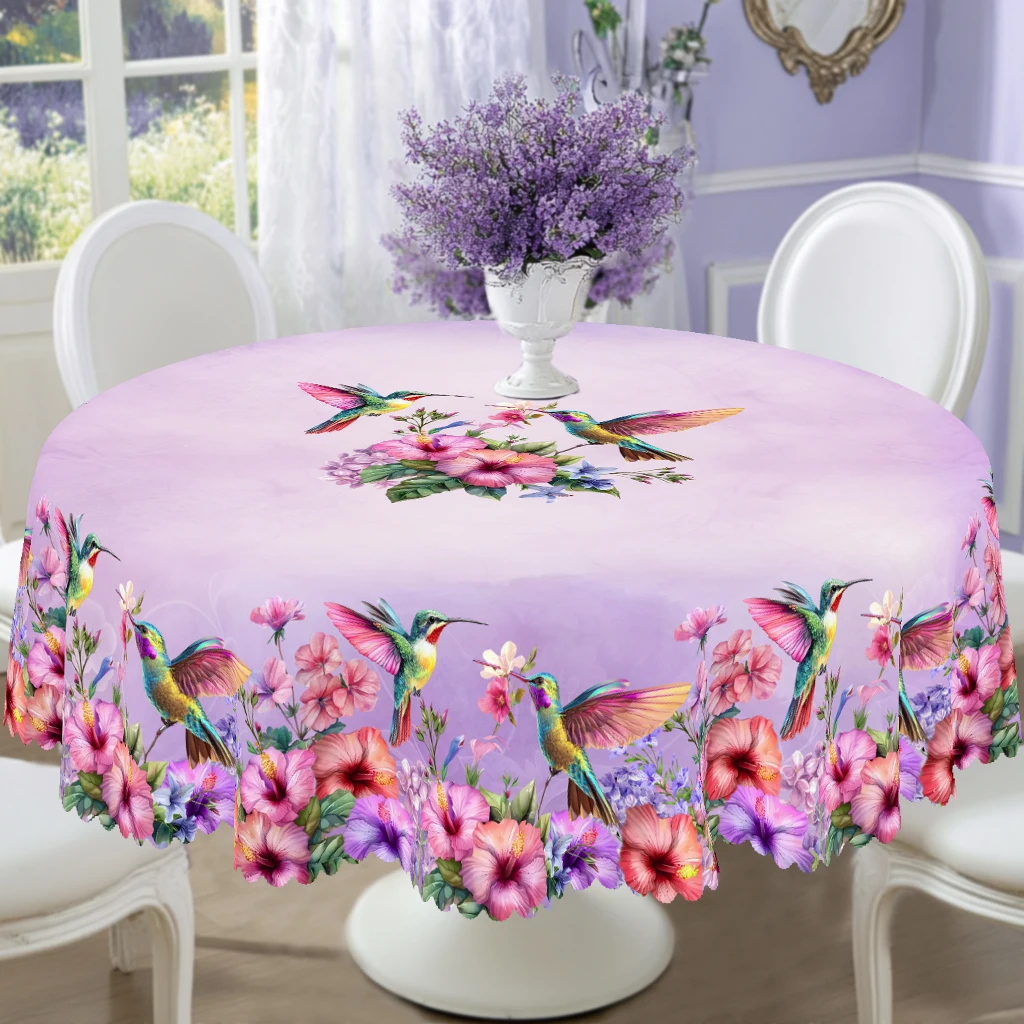 1-teilige rechteckige Tischdecke mit Frühlings-Ostern-Lila-Blumen- und Vogeldruck, Kolibri, runde Tischdecke mit Blumenmuster, Urlaubsparty-Tischdecke, Outdoor-Dekoration, große Tischdecke, Image