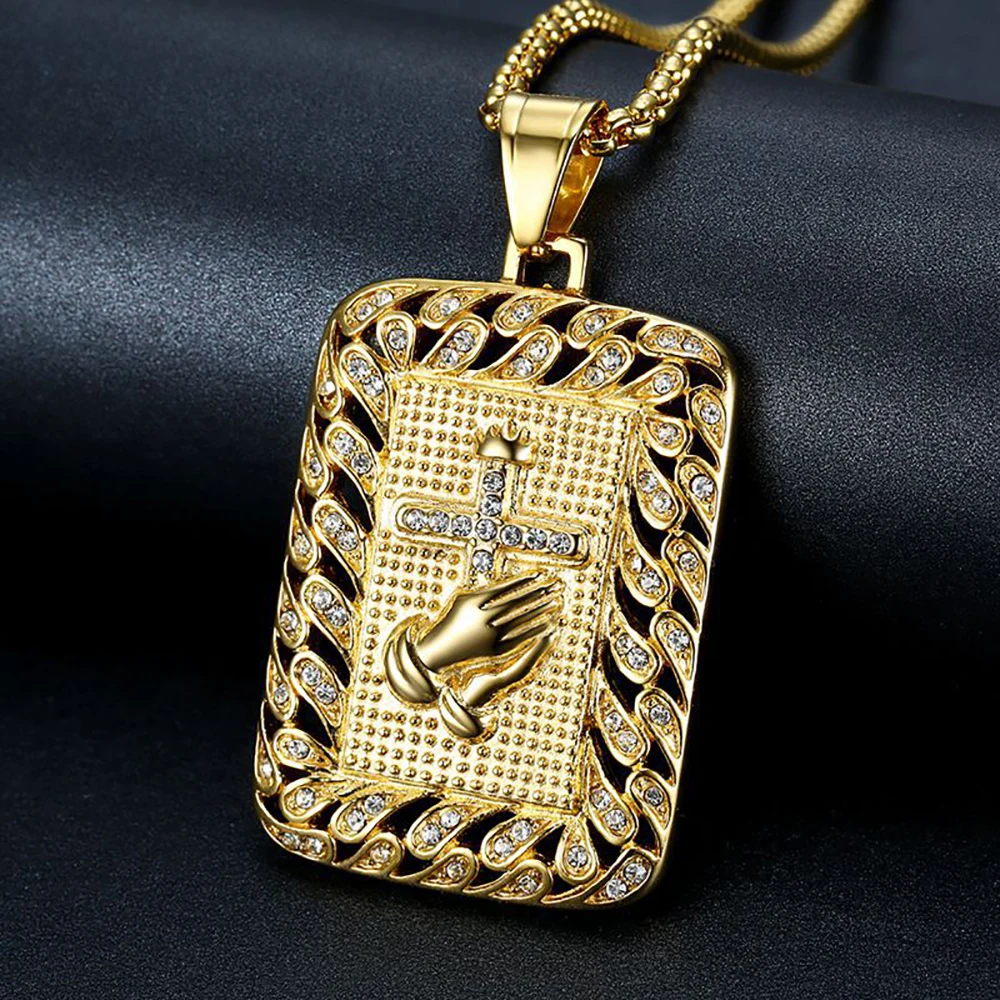 Religiöse betende Hände Kreuz Quadrat Anhänger Gold Farbe Edelstahl Christian Gebet Halsketten für Männer Hip Hop Schmuck Geschenk