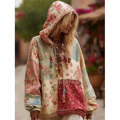 Felpa con cappuccio vintage boho 3D stampata per donne felpa patchwork con cappuccio felpa pullover floreale felpa oversize casual calda attiva con cappuccio uso quotidiano da strada patchwork rosa