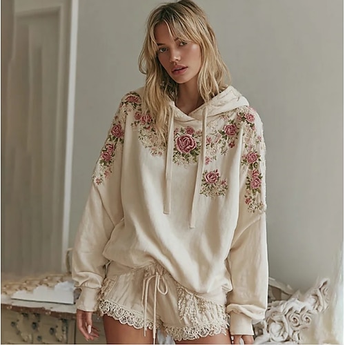 Felpa con cappuccio vintage boho 3D stampata per donne felpa patchwork con cappuccio felpa pullover floreale felpa oversize calda e attiva con cappuccio uso quotidiano da strada patchwork nero bianco