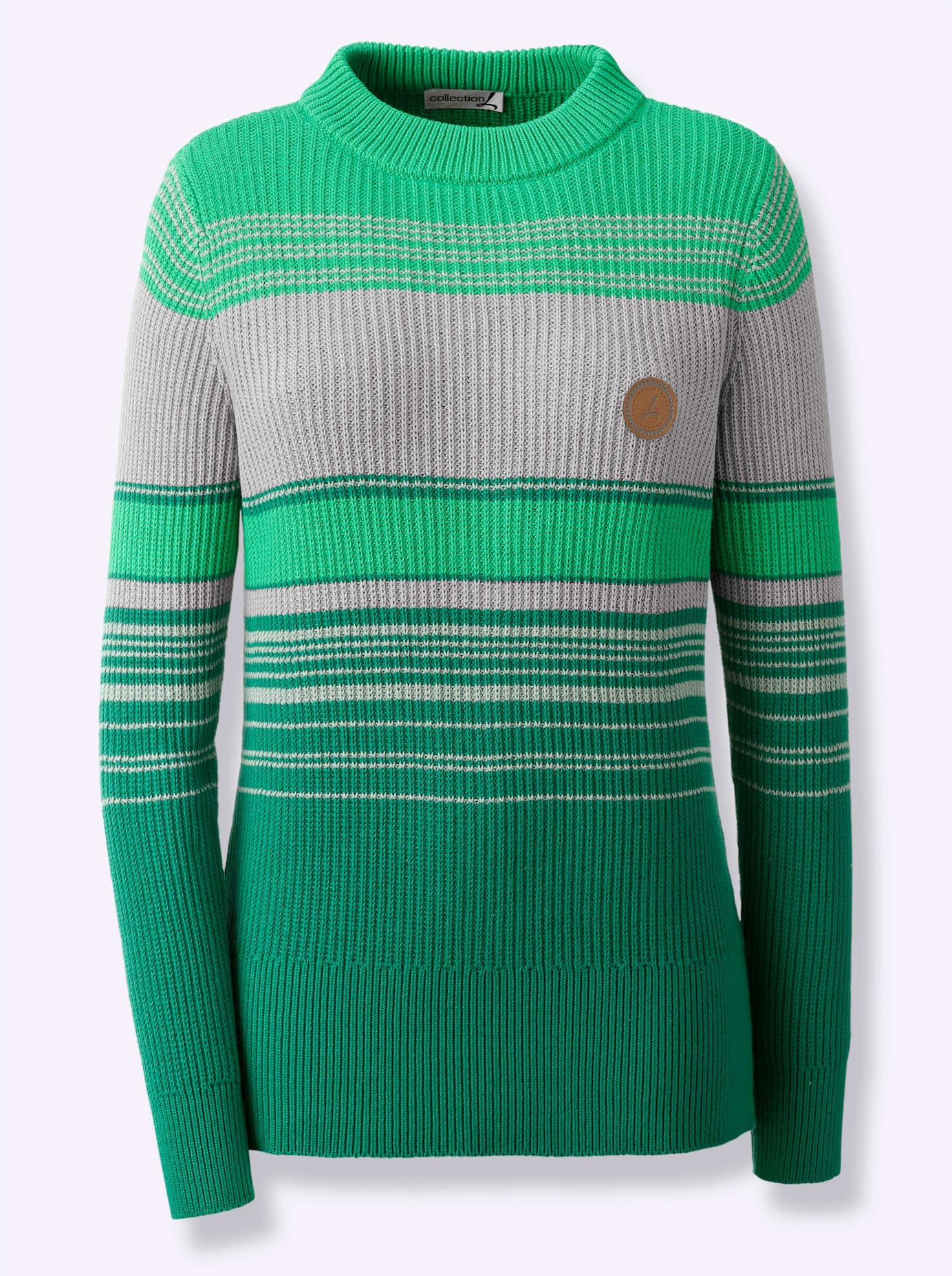 Stehkragenpullover CASUAL LOOKS "Stehkragen-Pullover", Damen, Gr. 52, grün (grün, steingrau), 100% Baumwolle, gemustert, gestreift, mehrfarbig, Pullover Stehkragenpullover