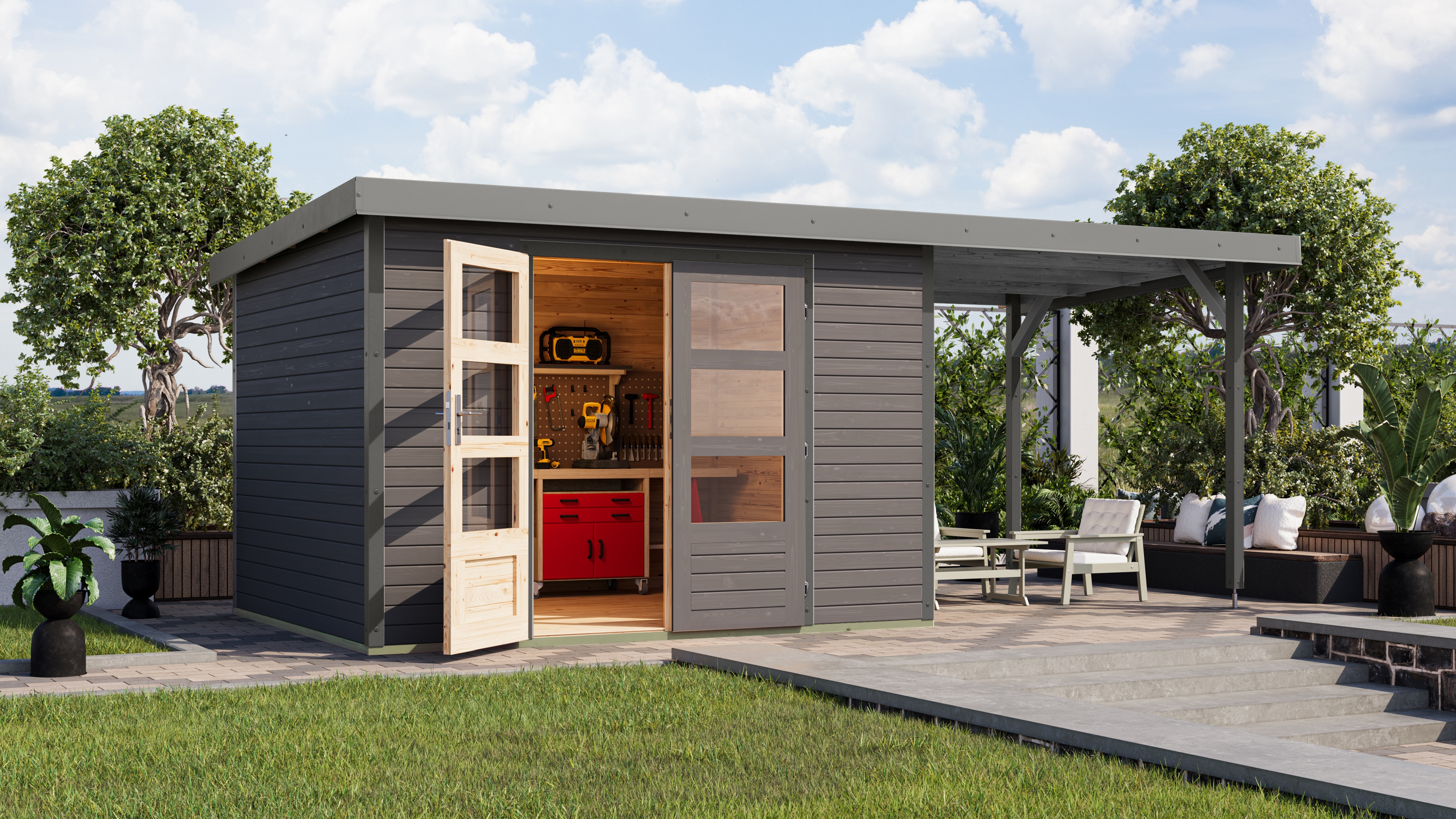 Gartenhaus KARIBU "Jupiter 5 B" SET terragrau, mit Anbaudach 2,35 m breit", grau (terragrau, graualuminium), ohne Fußboden, ohne Rück- und Seitenwand, Holz, Stahl, Gartenhäuser, hochwertige Materialien: nordische Fichte, Stahlecken, Trapezblechdach Image