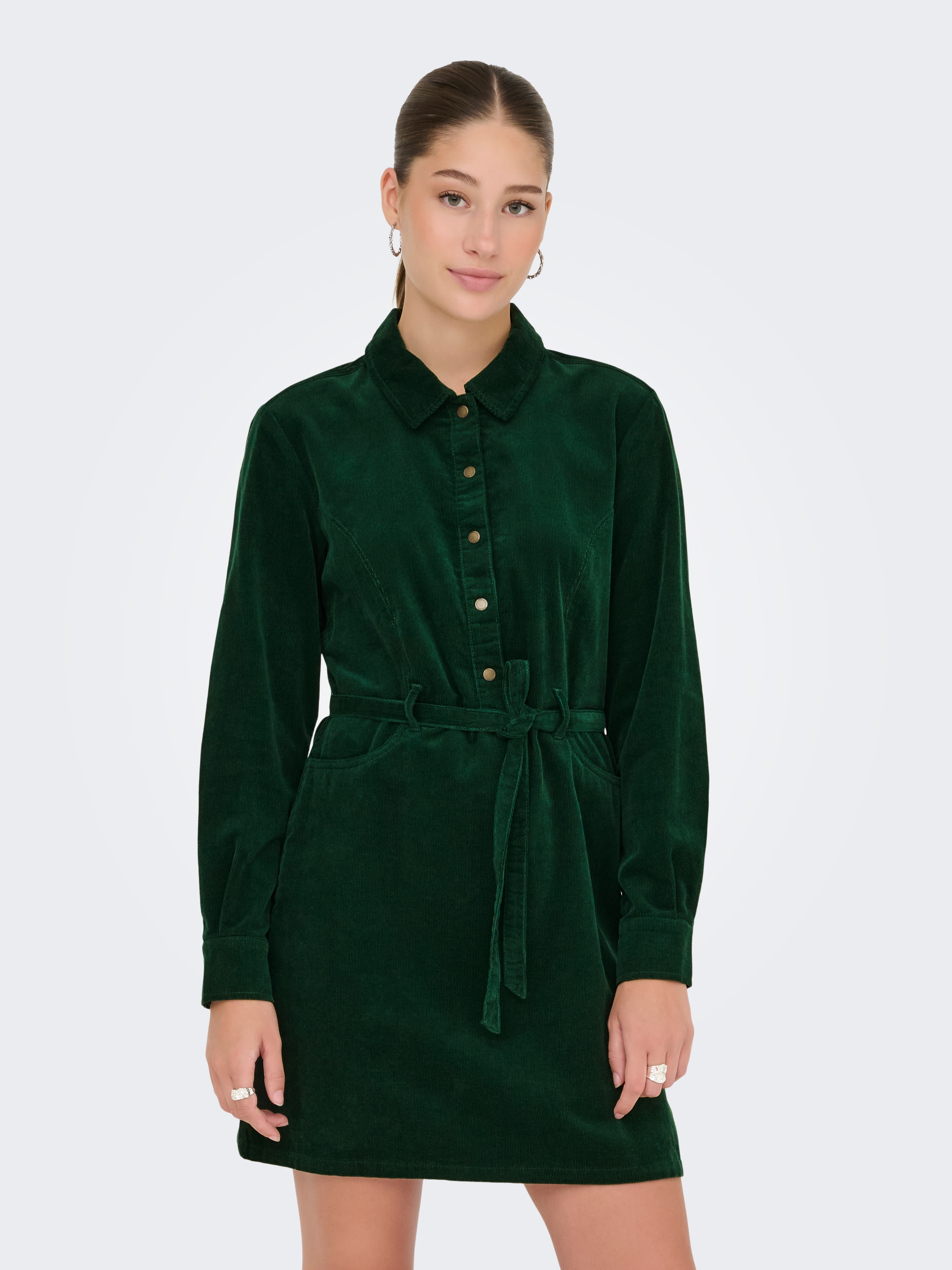 Cordkleid ONLY "ONLNESSA L/S CORD DRESS CC PNT", Damen, Gr. XS, N-Gr, pineneedle, Obermaterial: 100% Baumwolle, unifarben, Modisch, regular fit, Kleider Image