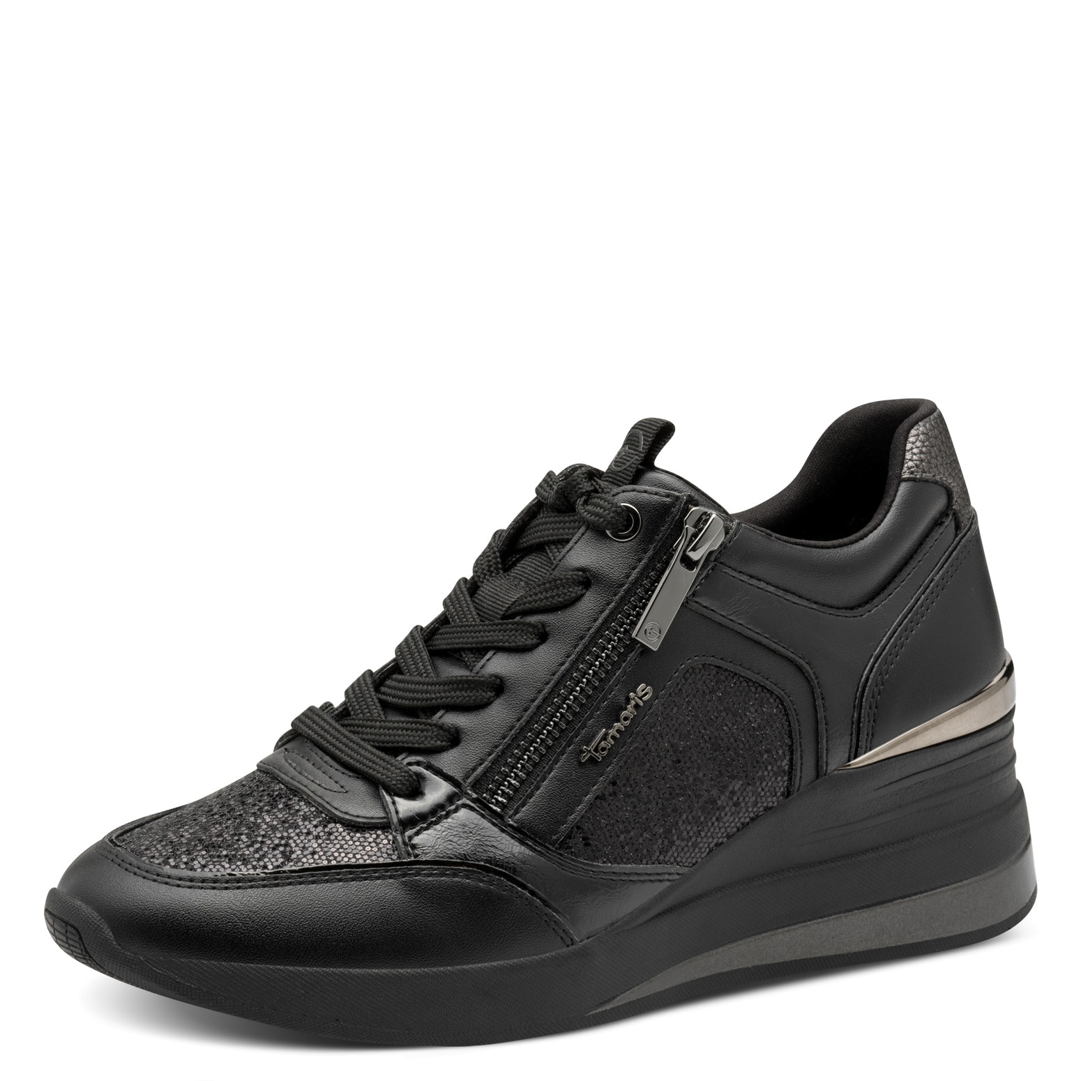 Keilsneaker TAMARIS, Damen, Gr. 36, schwarz (schwarz kombiniert), Lacksynthetik, Lederimitat, Glitzer, kontrastfarbene Details, Modisch, Schuhe, Freizeitschuh, Halbschuh, Schnürschuh mit Glitzerdetails