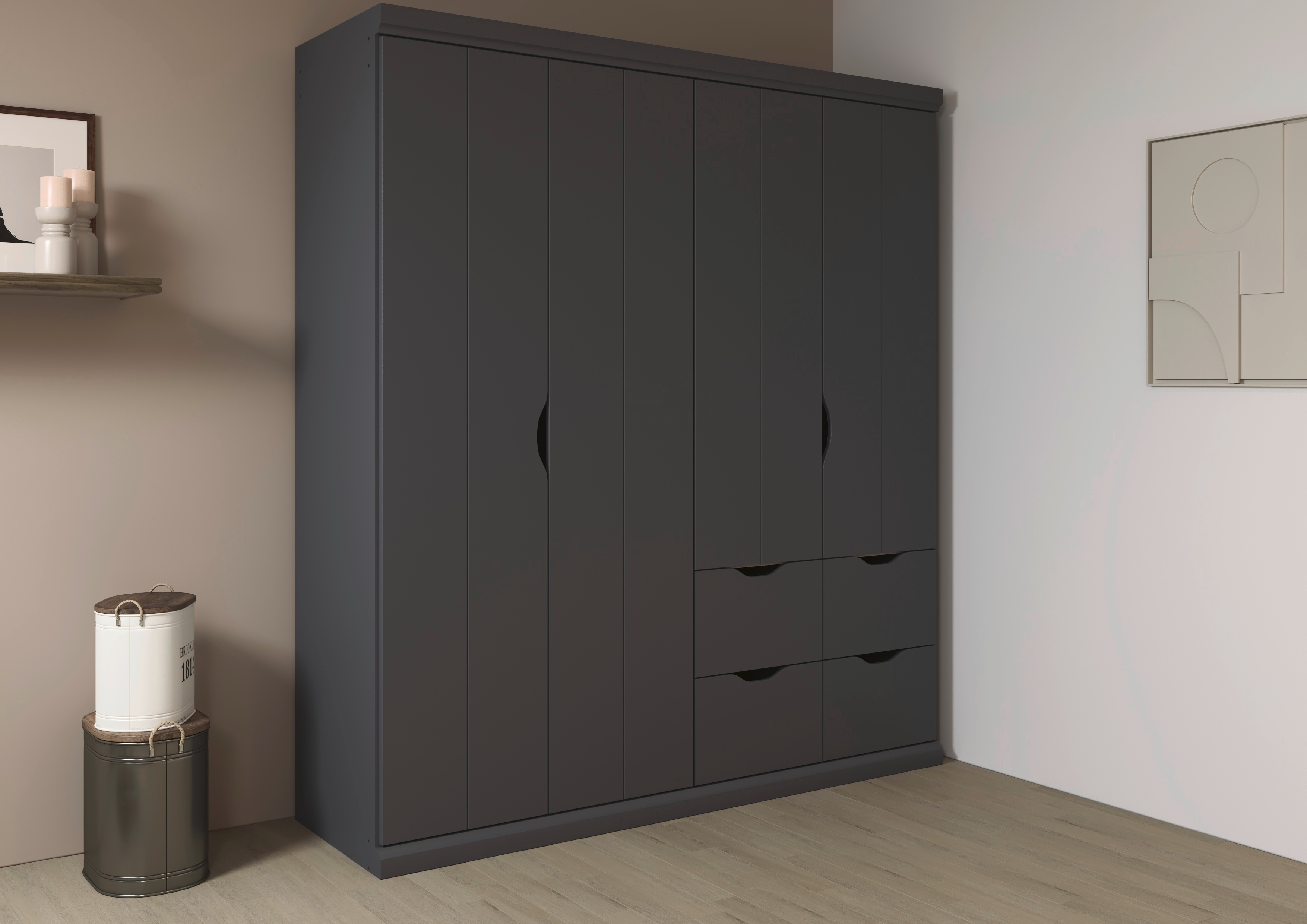 Kleiderschrank RAUCH "Drehtürenschrank Schrank Garderobe Wäscheschrank Schlafzimmer MARLENE", grau (graumetallic), B:181cm H:203cm T:56cm, Holzwerkstoff, Schränke, in 3 Breiten 91/136/181 cm im Landhaus-Stil MADE IN GERMANY Image