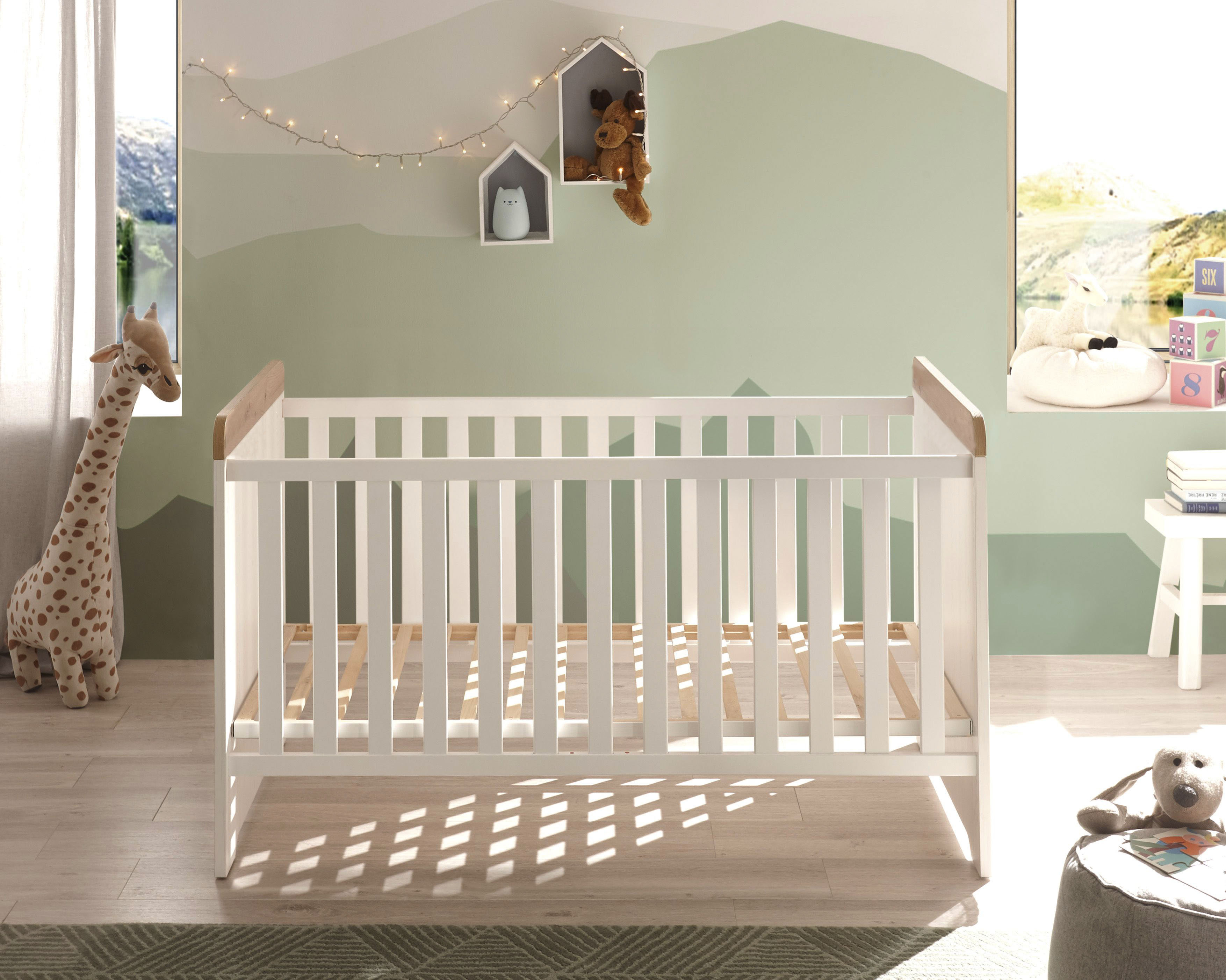 Babybett BEGABINO "Jasmin passend zum Babyzimmer", anderson pine, artisan eiche, B:77cm H:85cm T:143cm, Spanplatte, Babybetten, 70x140 cm inklusive Lattenrahmen, Landhausstil mit 3 Schlupfsprossen