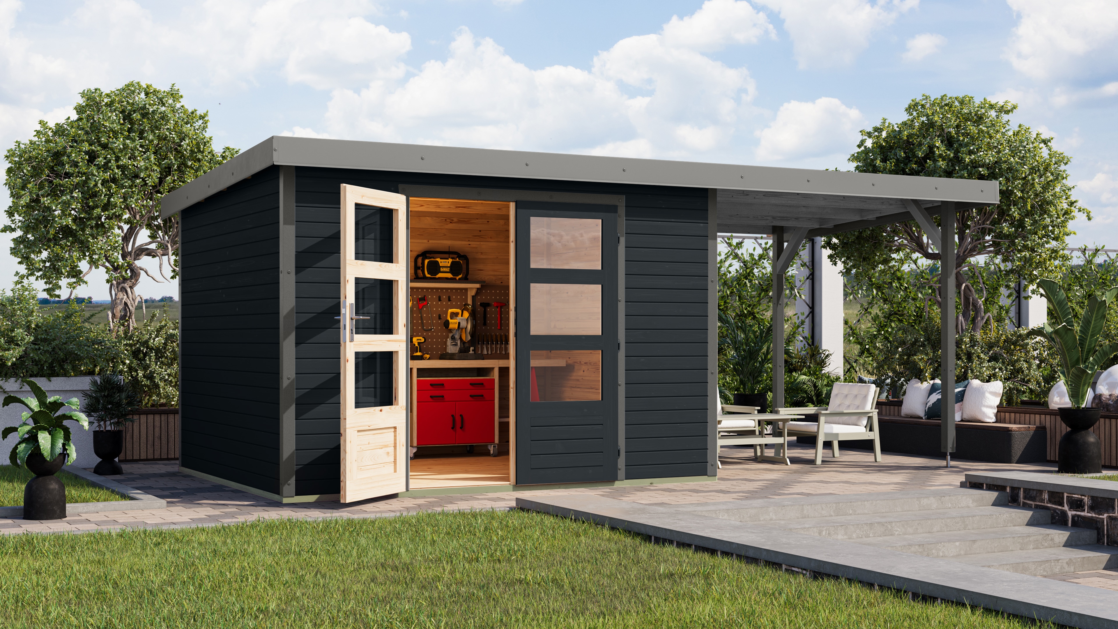 Gartenhaus KARIBU "Jupiter 5 C" SET anthrazit, mit Anbaudach 2,35 m breit", anthrazit, graualuminium, ohne Fußboden, ohne Rück- und Seitenwand, Holz, Stahl, Gartenhäuser, hochwertige Materialien: nordische Fichte, Stahlecken, Trapezblechdach,... Image