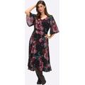 Sommerkleid SHEEGO "Kleid", Damen, Gr. 50, Normalgrößen, schwarz (schwarz, bedruckt), 100% Polyester, geblümt, gemustert, mehrfarbig, bedruckt, lang, V-Ausschnitt, Kurzarm, Kleider