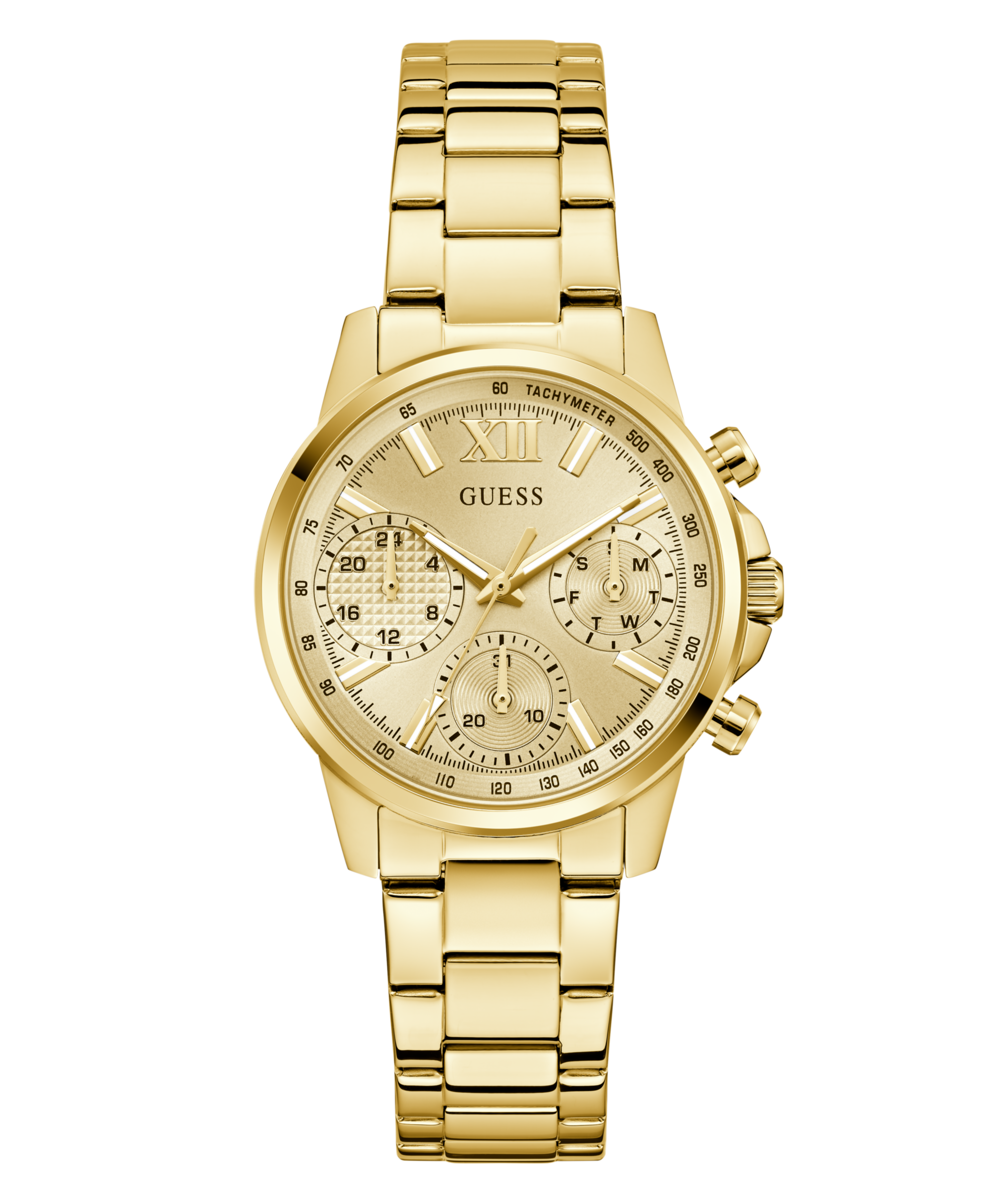 Multifunktionsuhr GUESS "BAILEY", gold (goldfarben), Armbanduhren, Damen, Quarzuhr, Armbanduhr, Damenuhr, Edelstahlarmband, Datum Image