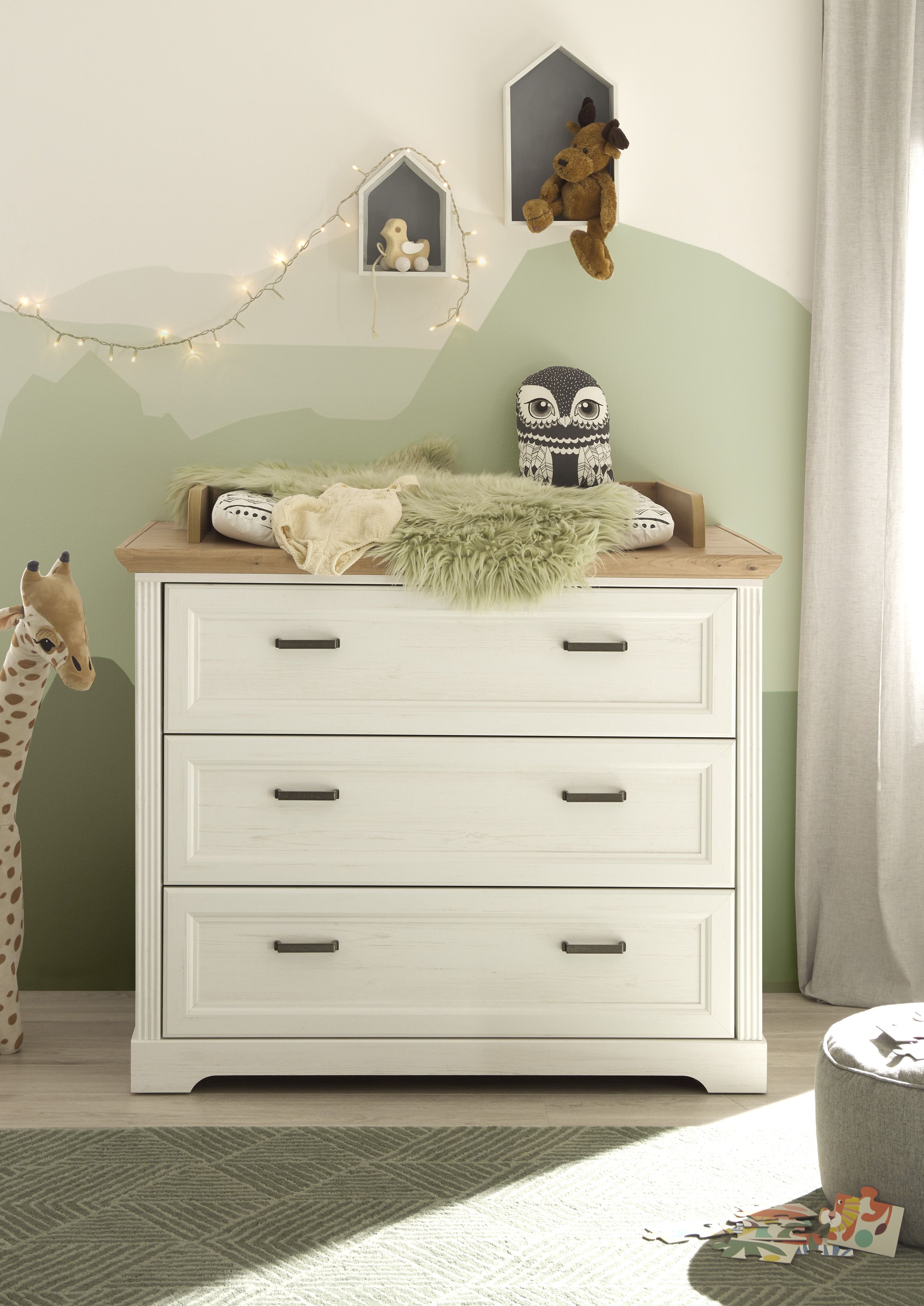 Wickelkommode BEGABINO "Jasmin Kommode mit Wickelaufsatz", anderson pine, artisan eiche, B:114cm H:107cm T:82cm, Spanplatte, Wickelkommoden, im Landhausstil, Kommode mit 3 Schubkästen