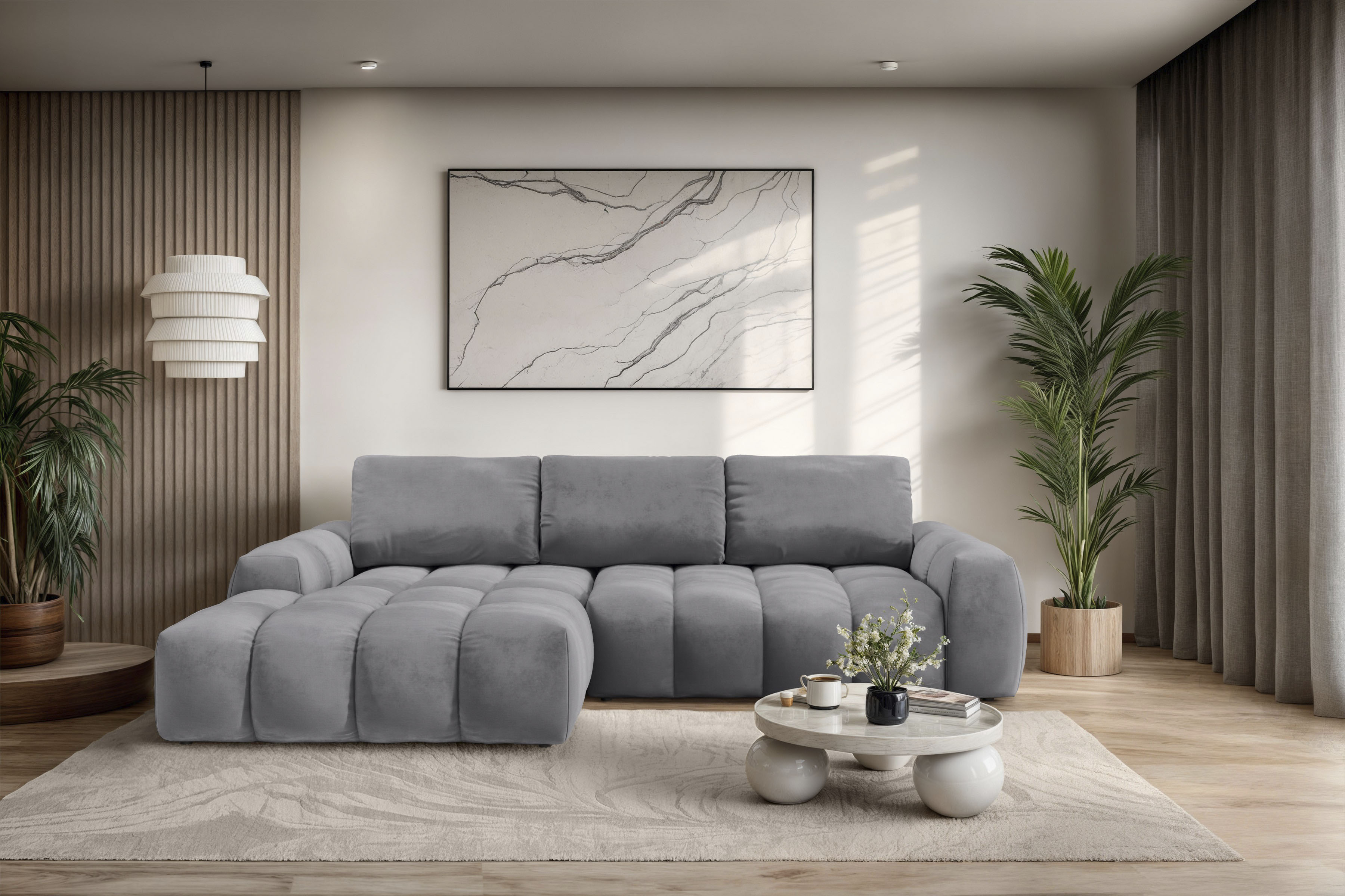 Ecksofa INOSIGN "AZITA klein optionale Schlafsofa mit Bettkasten, B/T/H: 270/166,5/84cm", grau, B:270cm H:84cm T:166,5cm, 100% Polyester, Sofas, L-Form mit Wellenunterfederung, Bubble-Optik, Topseller