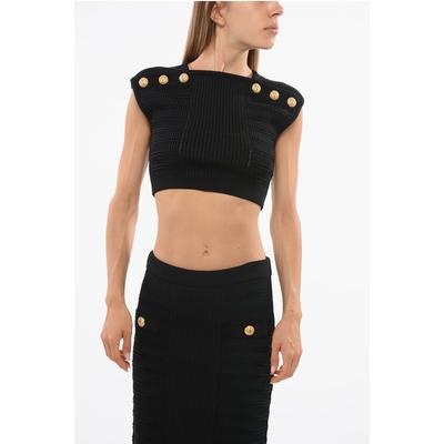 Gestricktes Crop Top mit Zierknöpfen in Schwarz Image