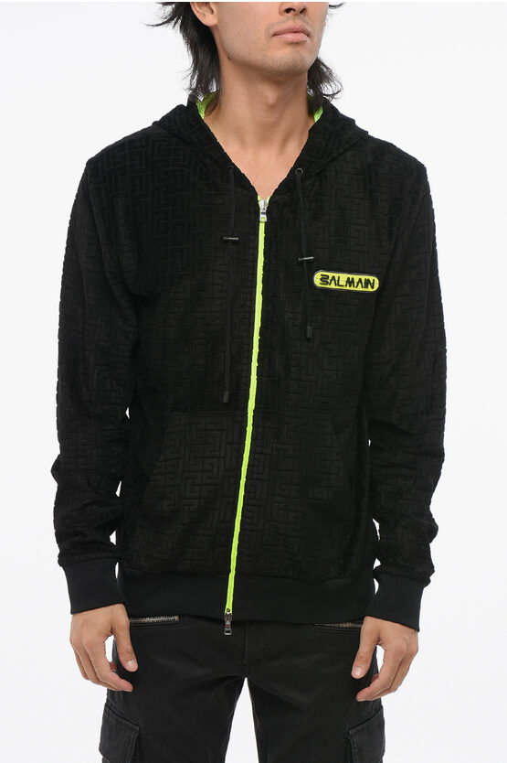 Samt-Sweatshirt mit Allover-Monogramm und Fluo-Details in Schwarz Image