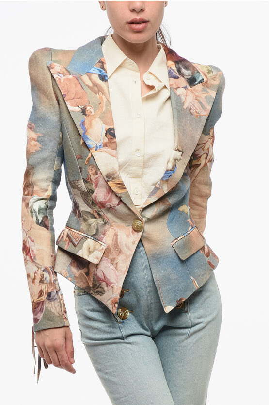 Gemusterter 1-Knopf-Blazer aus Leinen mit Schnürdetails in Mehrfarbig Image