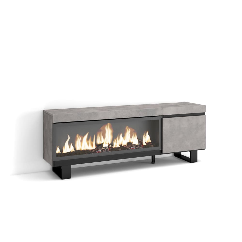 Meuble tv effet bois ciment 158x35x57cm cheminée effet feu XXL