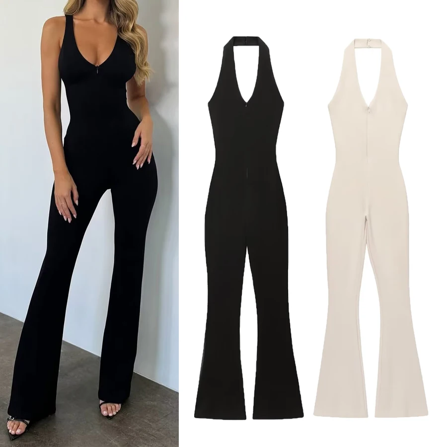 HXAO combinaison femme une pièce combinaisons longues pleine longueur blanc noir moulante sans manches sport Chic licou dames combinaisons