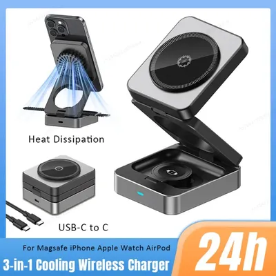 3-in-1-Eiskühlung, magnetisches kabelloses Ladegerät, faltbare Ladestation für iPhone 16, 15, 14, 13, 12, Apple Watch 10, AirPods, schnelles Aufladen Image