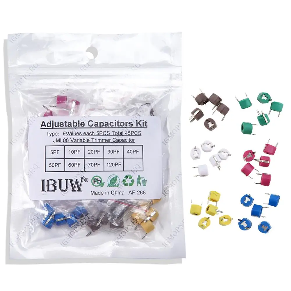 45-teiliges Sortiertes Kit für variable Trimmerkondensatoren JML06 5pf 10pf 20pf 30pf 40pf 50pf 60pf 70pf 120pf Einstellbare Kondensatoren-Set-Packung Image