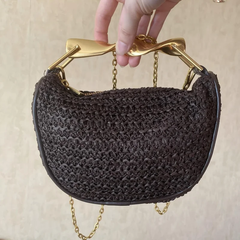 Marke Woven Handtasche Rattan Halbmond Strand Stroh Schulter Tasche Dame Stroh Eimer Tasche Geldbörse Gold Griff Casual Tote Umhängetasche