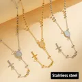 Collier chapelet vierge marie en acier inoxydable, pendentif en perles de croix en Y, chaîne de cou, bijoux chrétiens pour femmes, cadeau pour croyants