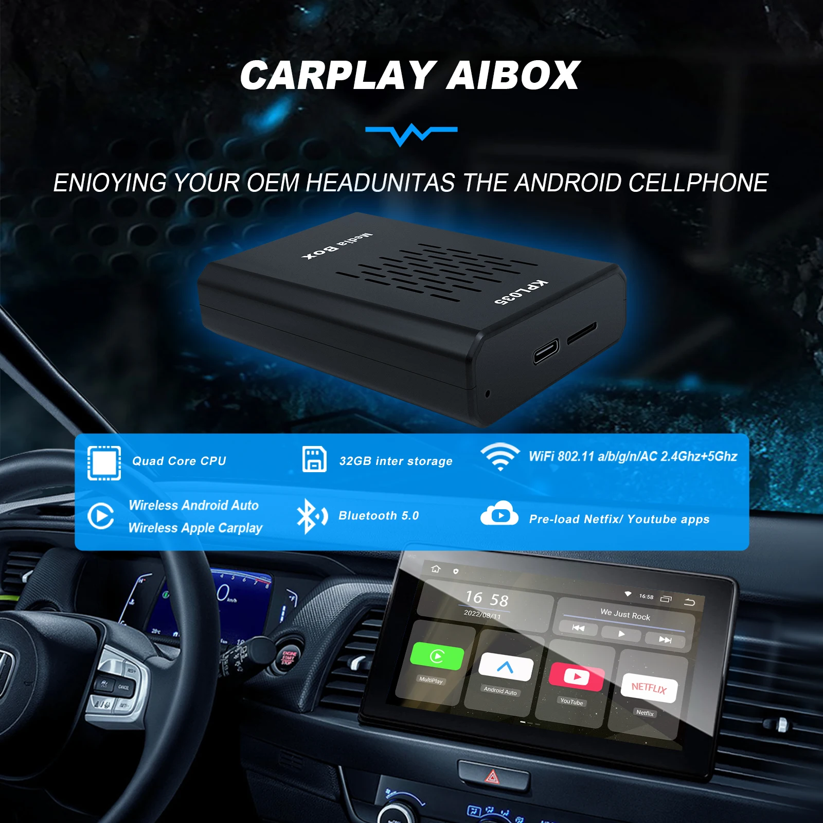 Ezonetronics CarPlay AI Android Box Auto Multimedia Player Quad core 2 + 32G Android 11 Drahtlose CarPlay und Android Auto Image