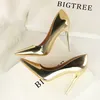 Metallic Silber Gold Pumps Frauen Damen glänzende High Heels Hochzeits kleid dünne Ferse 7/10cm Luxus Frau Schuhe Größe 34-46