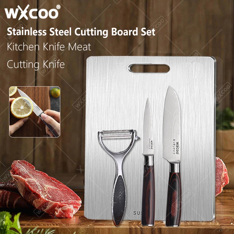 WXCOO 1 ~ 4 stücke Edelstahl Küche Obst Messer Schneidebrett Set Santoku Fleisch Hackmesser Obst Schäler Gemüse Messer Image