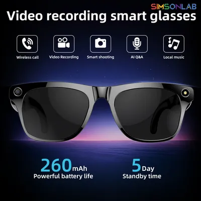 Intelligente Brillenkamera für Foto- und Videoaufnahmen mit integriertem Blitz, Akku mit hoher Kapazität, für Herren und Damen, Kopfhörer, Bluetooth-Sonnenbrille Image