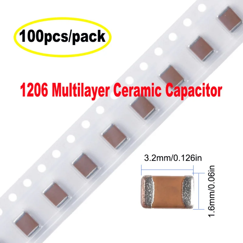 100 pz 1206 SMD Chip Condensatore Ceramico Multistrato 1pF - 100uF 10pF 100pF 1nF 10nF 15nF 100nF 0.1uF 1uF 2.2uF 4.7uF 10uF 47uF