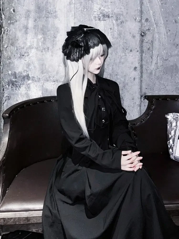 2023 neue Retro Dark Lolita Frauen Elegante Gothic Grunge Robe Cosplay Langarm Taille Cinching Schlank A-linie Frühling frauen kleid