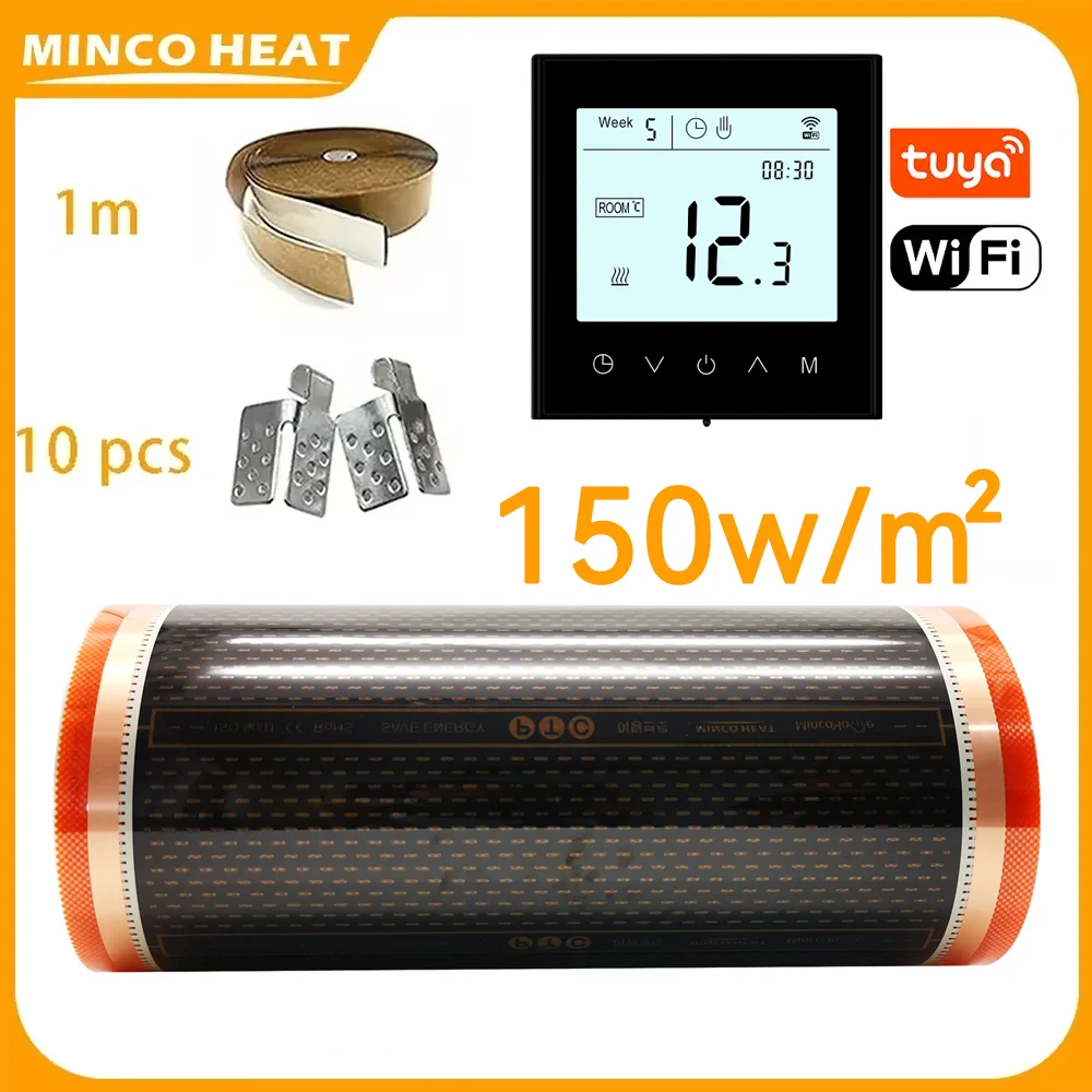 150 W/ ㎡ 5 ㎡ 50 cm Breite, energiesparende Infrarot-Graphen-PTC-Heizfolie, warme Fußbodenheizungsmatten mit Thermostat-Installationsset