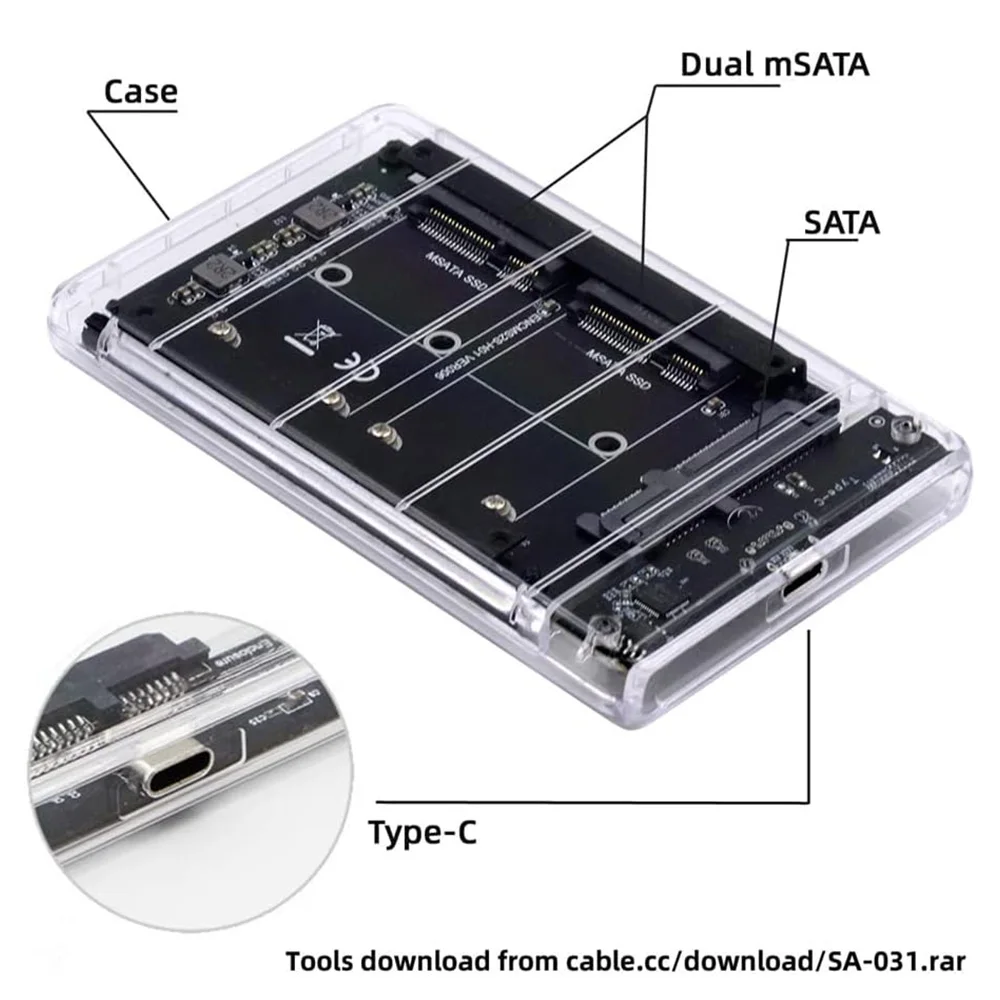 Duale MSATA Mini-SATA SSD-Karte JBOD Raid0 Span Bridge zu USB3.0 Typ-C USB-C 2,5 Zoll SATA Combo-Gehäuse Image