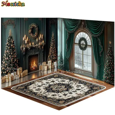 Mocsicka 3D Christmas Fireplace Room Background Photography Xmas Tree Window Green Curtains Carpet Backdrop Winter Family Photo