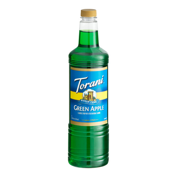 Torani Sugar-Free Green Apple Flavoring / Fruit Syrup Plastic Bottle 1 Liter - 6/Case