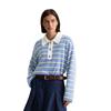 Langarm-Poloshirt MARC O'POLO DENIM "aus softem Schurwolle-Viskose-Alpakawolle-Mix", Damen, Gr. XL, blau (medium blau), Obermaterial: 38% Viskose, 35% Polyamid, 22% Schurwolle, 5% Alpaka, gestreift, casual, regular fit, Langarm Bündchen, Shirts