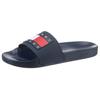 Badepantolette TOMMY JEANS "TOMMY JEANS POOL SLIDE ESS", Herren, Gr. 44, blau (dunkelblau), Synthetik, sportlich, Schuhe Badelatschen Pantolette, Sommerschuh, Poolslides, Schlappen, mit plakativer Logoflag