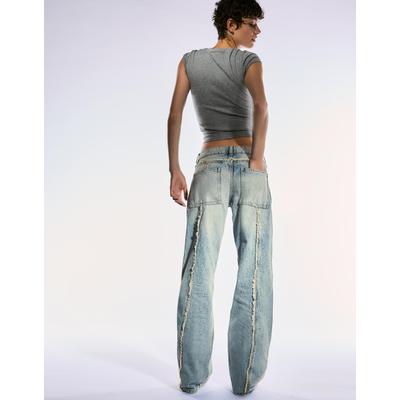 Bershka Low Waist Baggy Jeans With Fringing Women 06 Light Blue