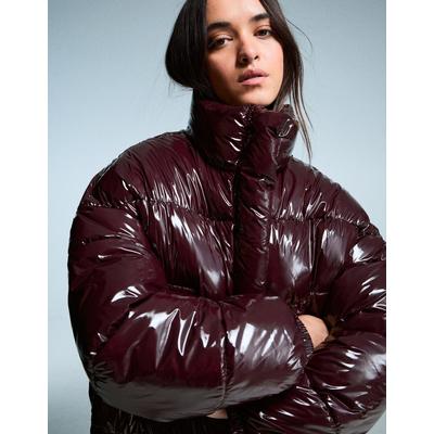 Bershka Vinyl-Effect Puffer Jacket Women L Burgundy