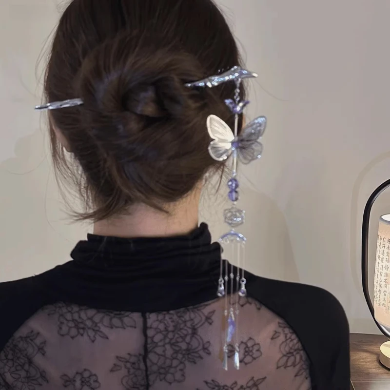 Neue chinesische Stil Kopfbedeckung lila Schmetterling Quaste Haarnadel chinesischen Stil Schritt Schaukel Haarnadel Image