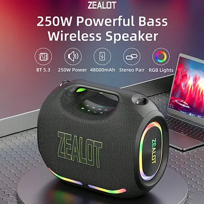 ZEALOT ZE21 Kabelloser Lautsprecher, 250 W, tragbar, für den Außenbereich, mit RGB-Farblichtern, 48000 mAh, langer Akku, bis zu 18 Stunden Spielzeit Image